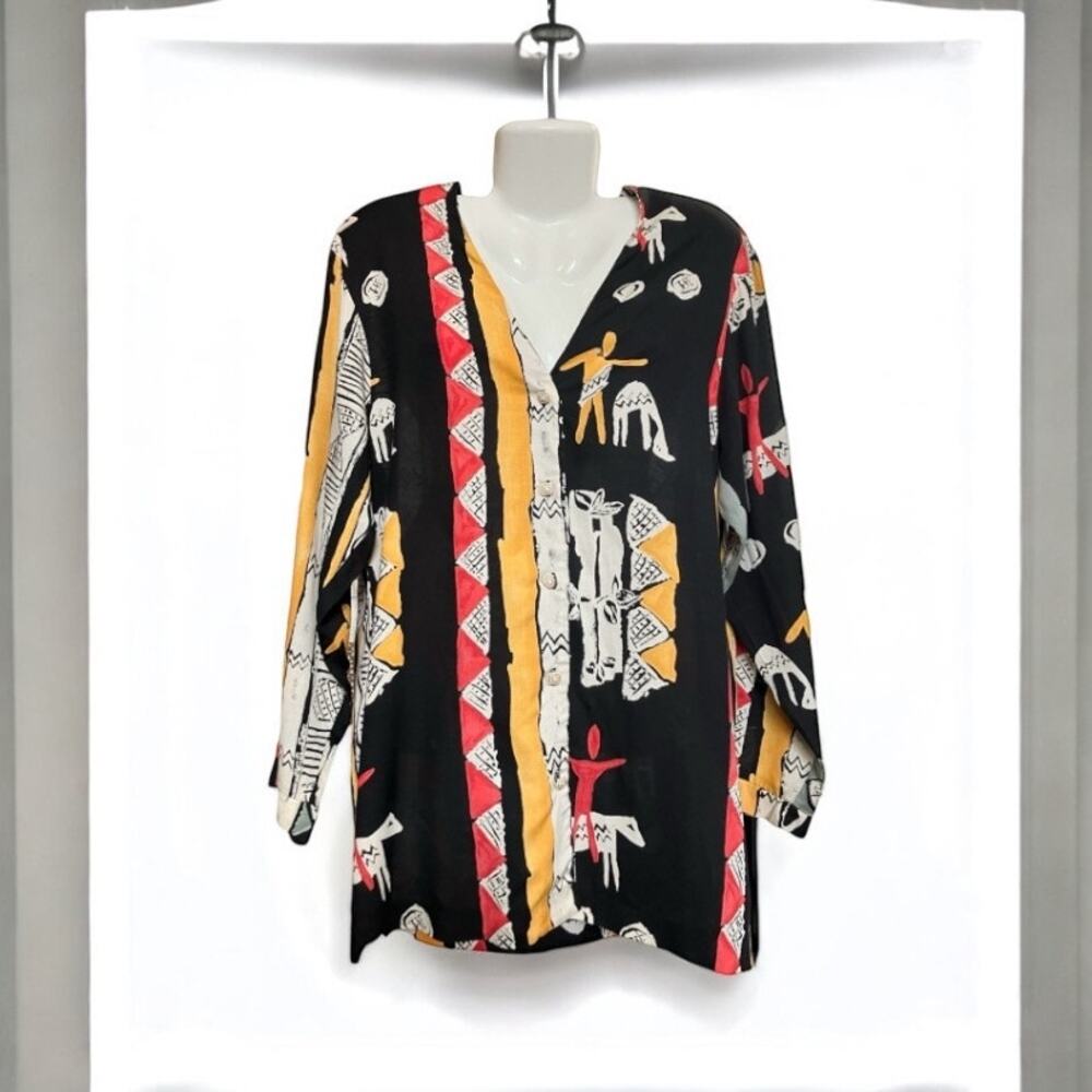 Vintage 90s Solitaire by Sharon Anthony Womens Aztec Tribal Rayon Blazer Size 2X